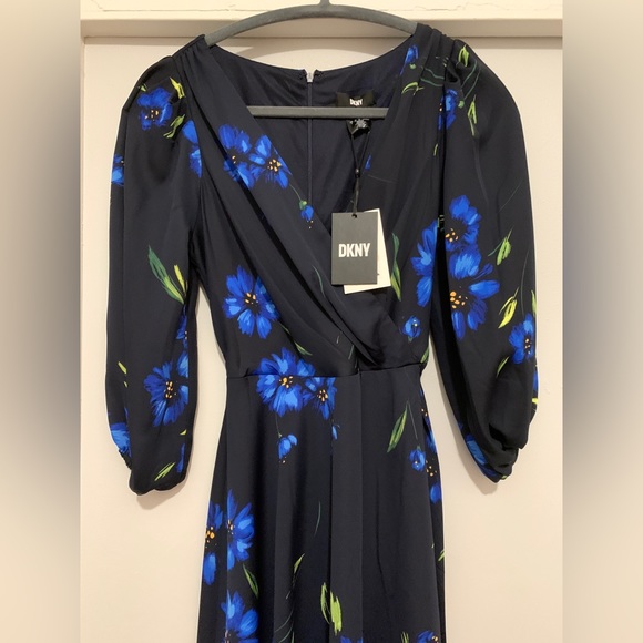 Dkny Dresses & Skirts - DKNY Blue and Black Floral Flowing Midi Dress